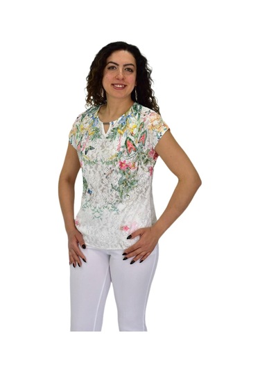 Kadın Kısa Kol Baskılı Bluz Bgl-st04691 Krem