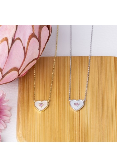 Kalp Model Sedef Pembe Zirkon Taşlı 925 Ayar Gümüş Kadın Kolye Gümüş - Rodyum