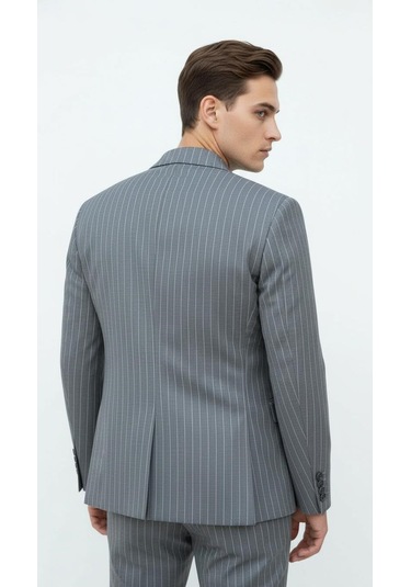 Plus Scorpion Gri Çizgili Erkek Kruvaze Blazer Ceket İtalyan Kesim, Şık Ve Modern Tarz Antrasit