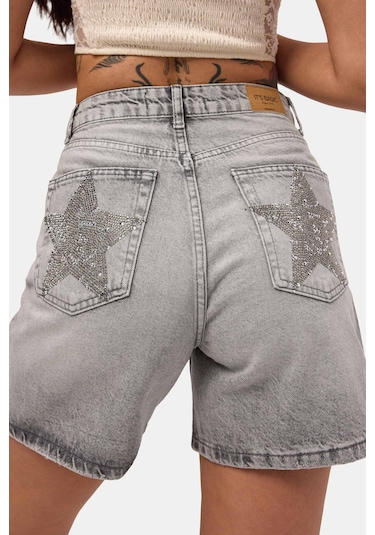 Itsbasic Kadın Füme T-4s6-12 Mom Relax Yıldız Detaylı Tasarım Denim Şort