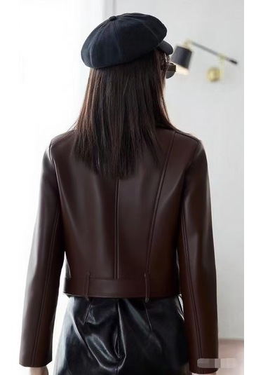 Kadınlar İçin Eğik Fermuarlı Günlük Kısa Deri Ceket Kırmızı