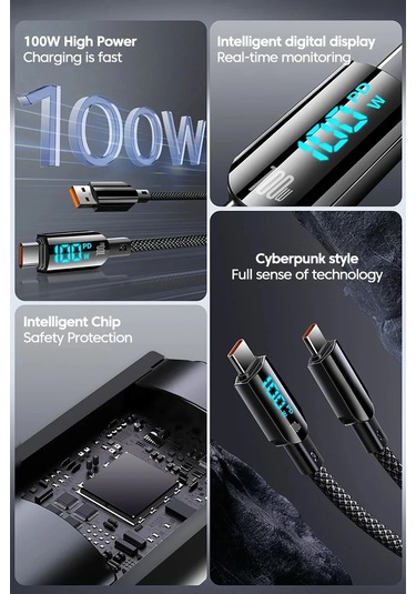 100w Usb Tip C Kablo Hızlı Şarj Kablosu Xiaomi Redmi İçin Led Ekran Telefon 60w Type C To C 1.2m