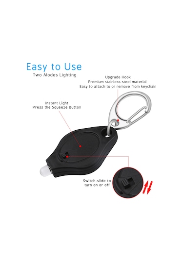 Lemestar 10'lu Mor Kasa Anahtar Zinciri Feneri, Beyaz Led Işık, Basma/kaydırma Anahtarı, Cr2032 Pil Dahil, 5mm Led, 60x22x8mm Boyut Siyah