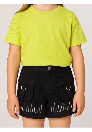 Kız Çocuk Taş İşlemeli Şort-15977 Siyah