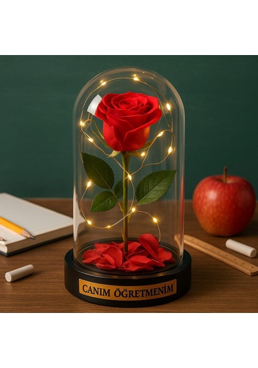 Sevgiliye Eşe Öğretmenler Gününe Anlam Katan Özel Fanusta Led Işıklı Canım Öğretmenim Hediye Biblosu Çok Renkli