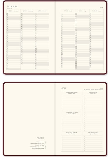2026 A5 Keten Haftalık Ajanda 12 Aylık Bordo Bordo