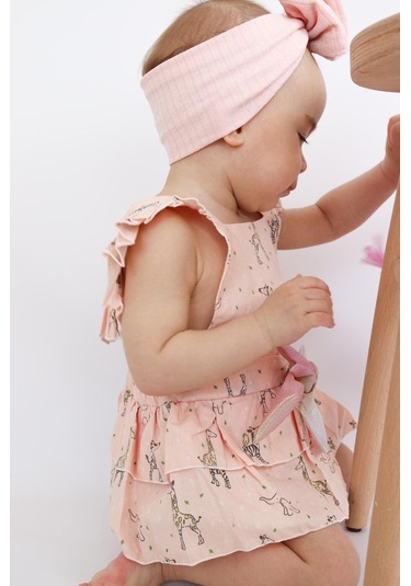 Kız Bebek Pudra Pembe Renk Özel Gün Fiyonklu Çıtçıtlı Tulum Pembe