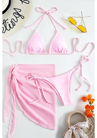 Angelsin Pareolu Bağlamalı 3'lü Bikini Takım Set Çıkartılabilir Kaplı Pembe