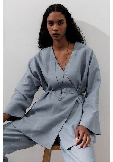 Keten Kruvaze Kapama Kimono Mavi Mavi