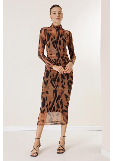 Leopar Desenli Önü Büzgülü Astarlı Tül Elbise-35114-taba Taba