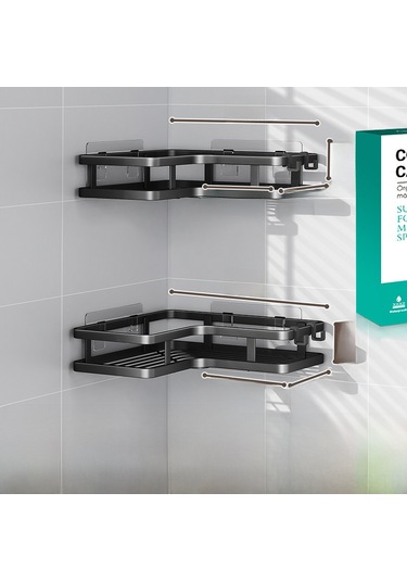 Springsun Banyo Köşe Dolabı, Duvar Üstü İki Katlı Sıralama Rafı, Delme Yok Kurulum, Rust Öğesi, Mutfak/banyo/ Balkon Depolama Çözümü Siyah Diğer
