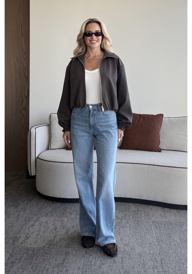 Koyu Kahverengi Crop Bomber Ceket Koyu Kahverengi