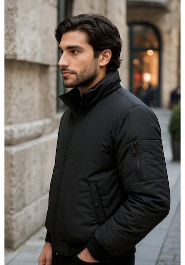 Erkek Astarlı Dik Yaka Mevsimlik Cepli Su Ve Rüzgar Geçirmez Mont Siyah
