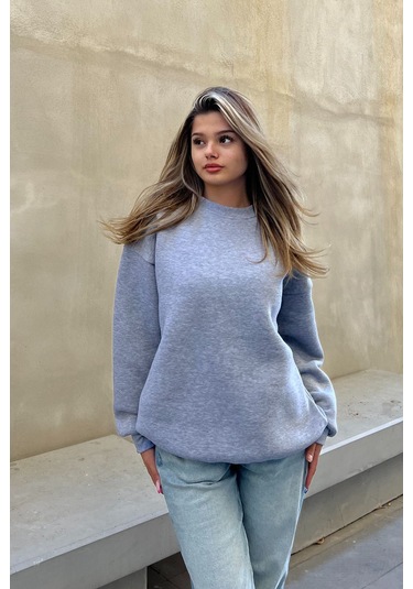 Şeker Pembe Basic Bisiklet Yaka Oversize Sweatshirt Gri