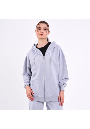 MMetalic Gri Kanguru Cepli Kapüşonlu Fermuarlı Oversize Kadın Sweatshirt Gri