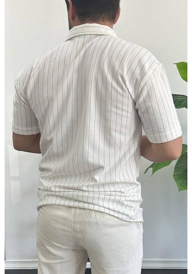 Erkek Dik Çizgili Kısa Kollu Gömlek Krem Edw387 Krem
