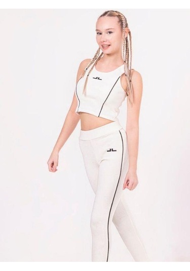 Kız Çocuk Şeritli Taytlı Crop Takım-13789 KREM