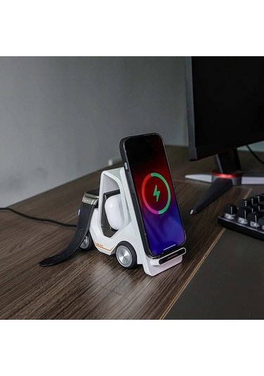 Rogfer T20s 3'ü 1 Arada 15w Led Atmosfer Işıklı Küçük Forklift Şekilli Masaüstü Kablosuz Şarj Cihazı Beyaz
