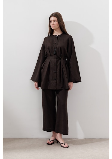 Keten Pensli Tunik Acı Kahve Acı Kahve