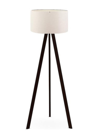 Pratik Tripod Ahşap Ayaklı Lambader Köşe Lambası Krem Kumaş Krem