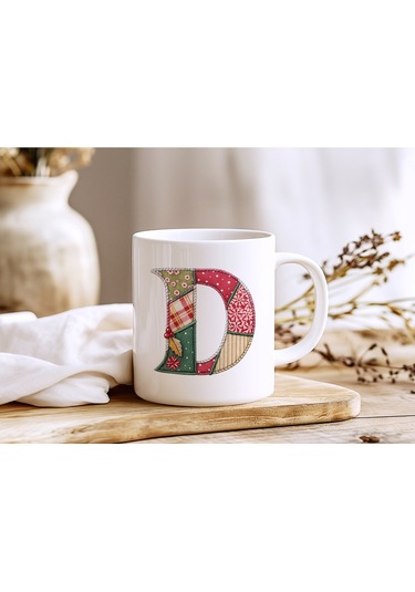 D Harfi Yılbaşı Temalı Kupa Bardak - Yeni Yıl Konsept Yamalı Efekt Tasarım - Noel Hediye Beyaz