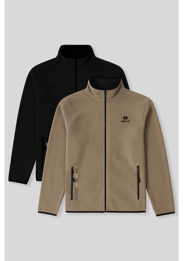 Standart Kalıp Dik Yaka 2li Paket Siyah-camel Erkek Polar Sweatshirt - 87992 Siyah - Haki