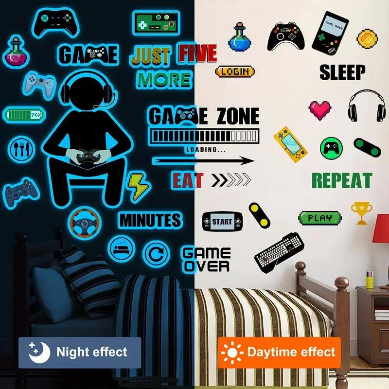 Hombey Oyun Odası Dekorasyonu Işıklı Oyun Sticker'ları - Kumanda, Konsol Desenli Duvar Sticker'ı, Erkek Kız Odası Dekoru, 30x20 Cm Beyaz