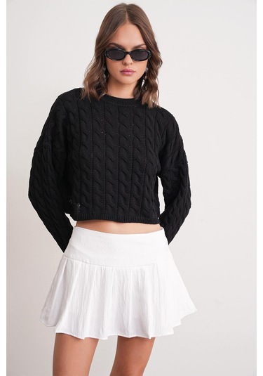 6863 Kadın Saç Örgülü Crop Triko Kazak Siyah Siyah