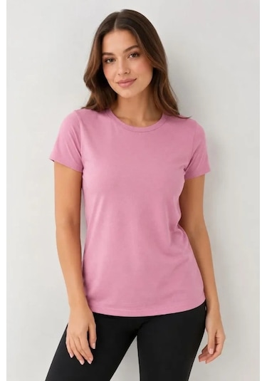 Defymoda Basic Tişört Bisiklet Yaka Kısa Kol Günlük Yazlık Slim Fit T-shirt - Pembe