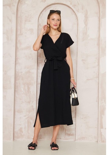 Kadın %100 Müslin Pamuk Yırtmaçlı Kruvaze Beli Kuşaklı Salaş Uzun Günlük Elbise 3612330 Siyah