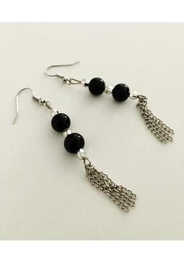 K209 Sallantılı Oniks Doğal Taşlı Küpe Gümüş - Siyah