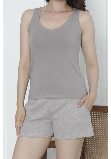 Kadın Şortlu Pijama Takımı Geniş Askılı Likrali Cepli Kaşkorse Şort Vizon Vizon