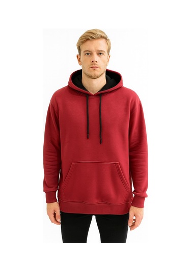 Erkek Oversize Uzun Kol Kapşonlu Sweatshırt-7386 Bordo