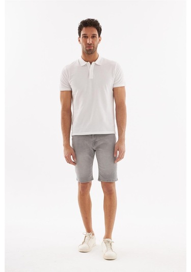 Erkek Yıpratmalı Slim Fit Likralı Kot Jean Şort Gri