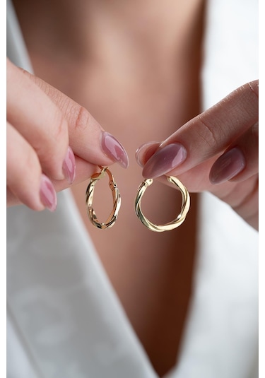 925 Ayar Gümüş 20 Mm Gold Kaplama Burgu Model Şarnel Küpe Gold