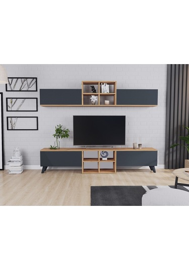 Eyfel 4 Kapaklı Tv Ünitesi, Tv Sehpası Atlantik Çam - Antrasit Antrasit