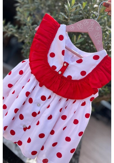 Kırmızı Fırfır Ve Benekli Beyaz Pamuklu Yazlık Elbise 001