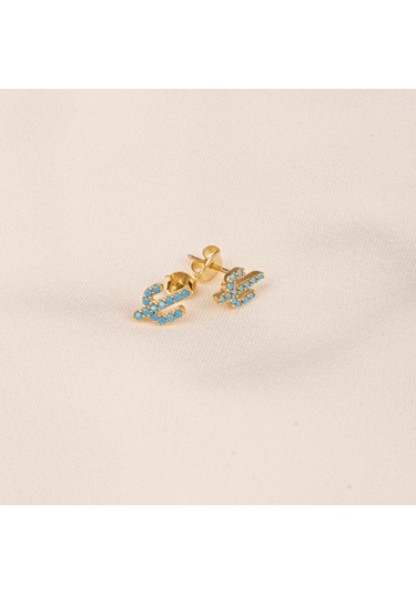 Altın Küpe - 14 Ayar Altın Minimal Kaktüs Modelli Firuze Turkuaz Taşlı Küpe Sarı