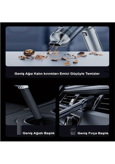 H-8083 20.000pa Kablosuz Oto Araç Süpürgesi Şarjlı 3 Kademeli Profesyonel Ultra Çekim Güçlü Mini Gümüş Gri