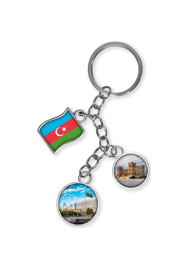 Azerbaycan Üçlü Epoksi Metal Çift Taraflı Damla Anahtarlık Azerbaijan Gümüş