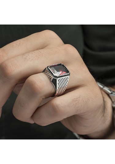 Kare Kırmızı Taşlı 925 Gümüş Erkek Yüzük