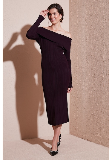 Lela Premium Fitilli Carmen Yaka Slim Fit Midi Boy Triko Bayan Elbise 680El00033 Mürdüm