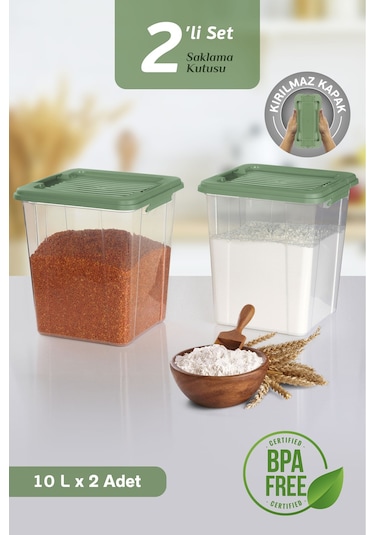 2'li Mega Organizer Box 10l - Un Bakliyat Erzak Saklama Kabı Kilit Kapaklı Deterjan Düzenleyici Kutu Yeşil