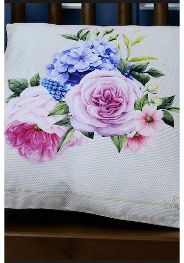 Pastel Çiçek Buketi Dijital Baskılı Kırlent Kılıfı - 40x40 Cm Ekru