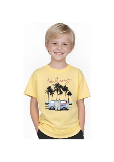 Summer Van Baskılı Erkek Çocuk Yuvarlak Yaka Kısa Kollu T-shirt Sarı