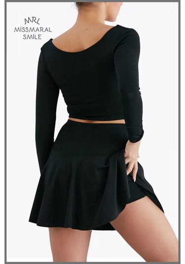 Siyah Yüksek Bel Volanlı Şortlu Spor Etek Deniz Şortu Skirt With Shorts 1101 Siyah