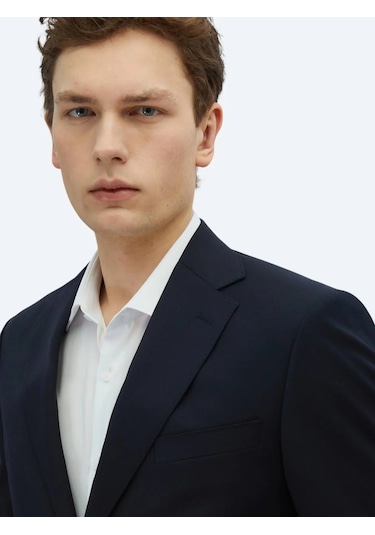 Lacivert Desenli Modern Fit Yün Karışımlı Takım Elbise Lacivert