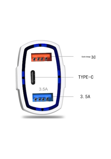 Createtech Usb Type-c Şarj Şarj Şarj Qc3.0 Hızlı Çıkışlı Cihazı Cihazı Çift Beyaz Araç Araç Arabirim Adet 3.5a 2 Kb