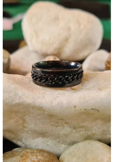 Ortası Dönebilen Zincirli Erkek Kadın Anti-stres Çelik Alyans Yüzük Cl43 Siyah