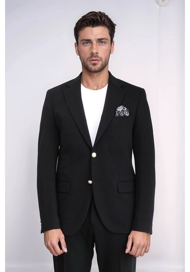 Siyah Kendinden Desenli Örme Altın Renk Metal Düğmeli Slim Fit Erkek Blazer Ceket - Wessi Black Siyah Kendinden Desenli Örme Altın Renk Metal Düğmeli Slim Fit Erkek Blazer Ceket - Wessi Black